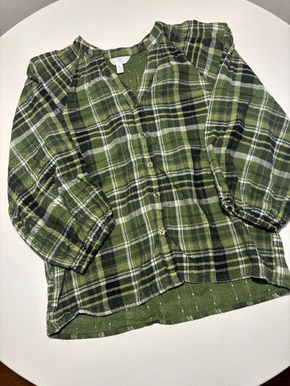 Time & Tru Green Black & White Cotton Plaid Smock Flannel